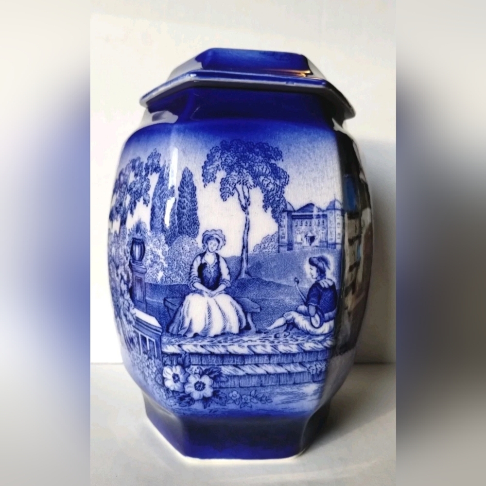 Vintage Romantic Flo Blue Storage Biscuit Jar Staffordshire England Flow Ceramic